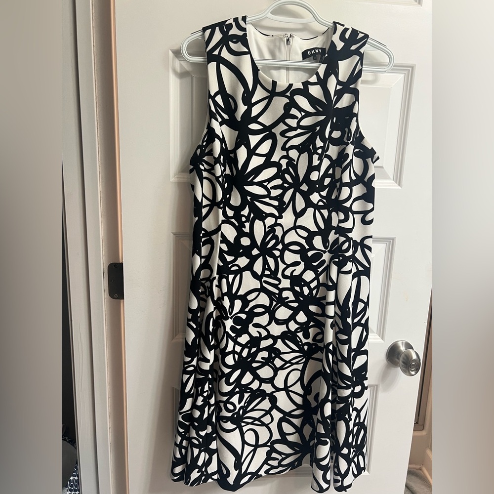 DKNY Black and White Sleeveless A-line Midi Dress